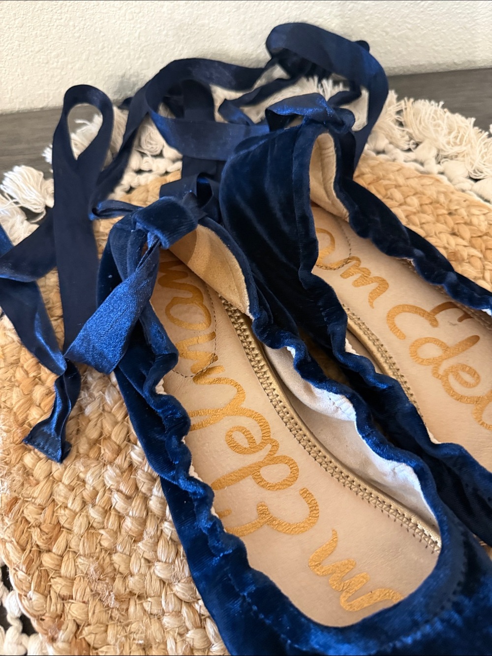 Sam Edelman Navy Blue Velvet Ankle Tie Ballet Flats Size 10 - Picture 4 of 14
